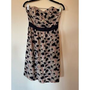 Burlapp Anthropologie Strapless Abstract Print Dress Navy Cream Red BP1124